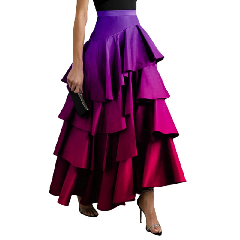 Missuoo 2023 New Female Elegant Purple Gradient Skirt High Waisted Layers Ruffled Hemline Skirts for Women Evening Party Wears