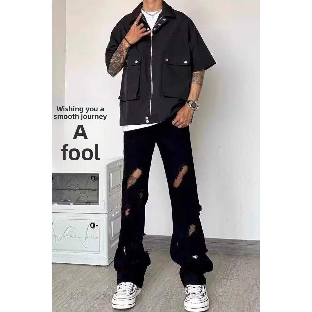 

Мужские джинсы свободного прямого кроя в американском стиле, широкие, с дырками, для похудения, в стиле хип-хоп, длинные брюки, уличный стиль, молодежные