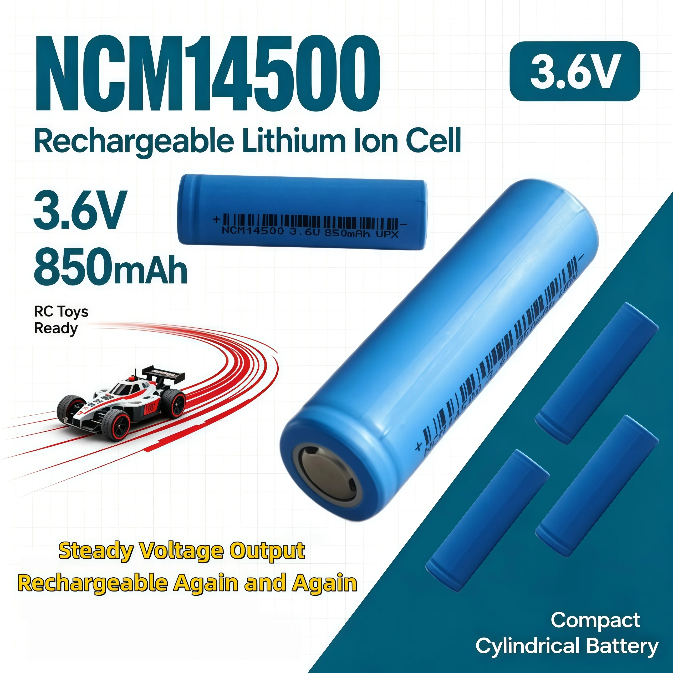 NCM14500 3.6V 850mAh Li-ion Rechargeable Cell, Replacement Battery for Headlamps, Electric Shavers, RC Toys & Small Electronics