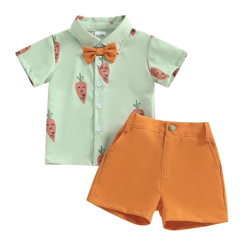 Toddler Baby Boy Easter Outfit Short Sleeve Bunny Print Bow Tie Button Down Shirt Top Shorts 2Pcs Set