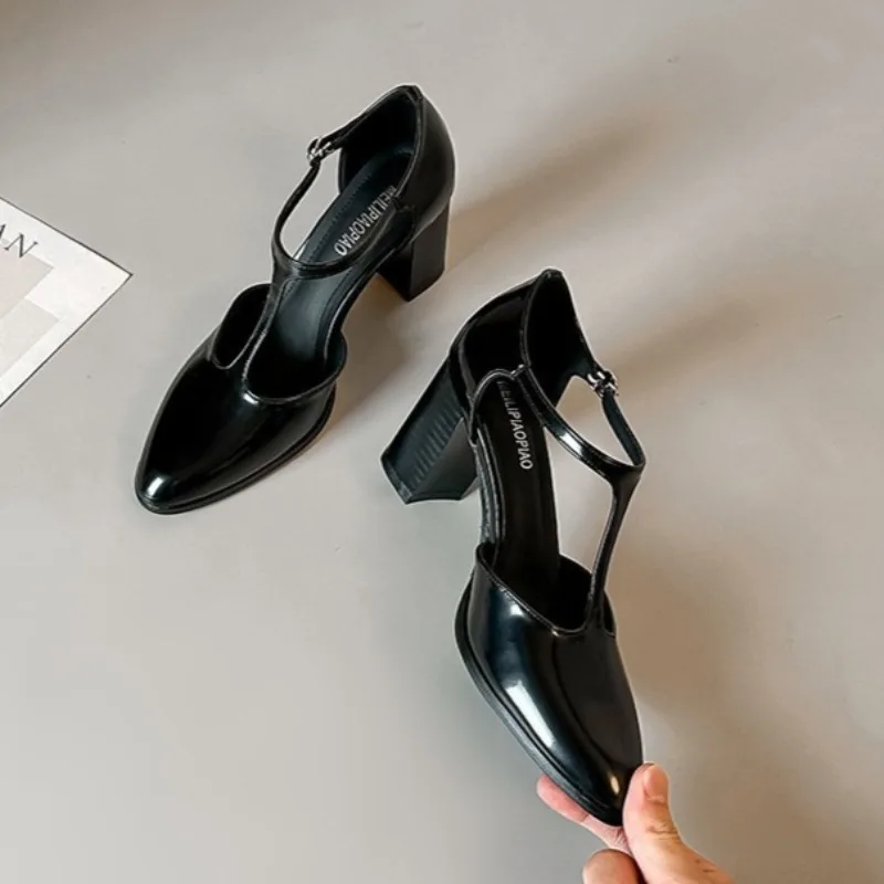 Mary Jane Shoes Black High Heeled Women's Sandals Buckle Belt Hollow Thick Heel Single Shoes Shallow Mouth Pointed High Heels