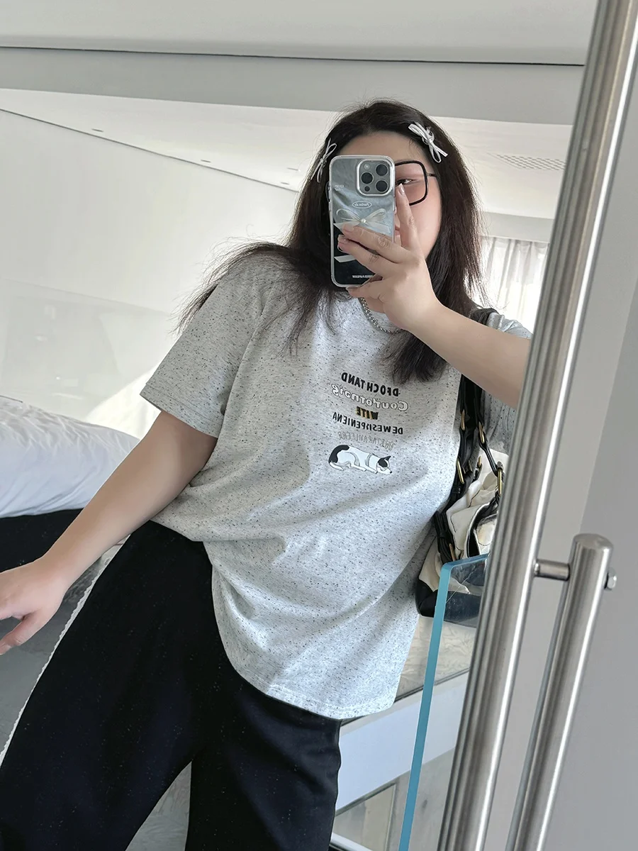 

High Quality plus Size Women's T-Shirt Spring Summer Slimming Polka Dot Shoulder Design Short Sleeve round Neck Top