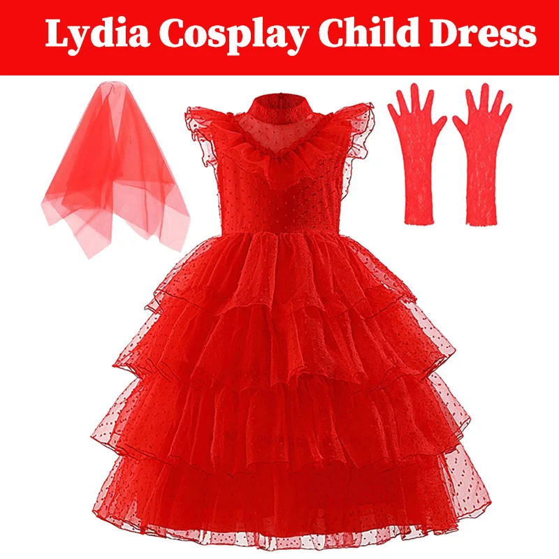 Kids Girls Lydia Cosplay Red Wedding Dress Movie Insect Liquid Disguise Outfits Child Children Kid Roleplay Halloween Party Suit