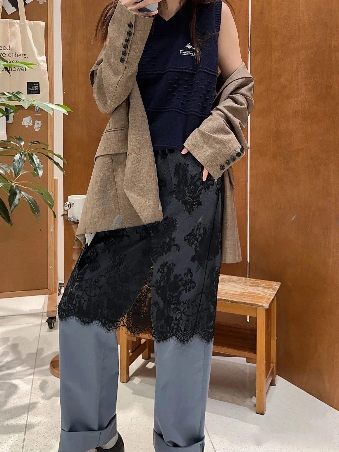 

PusB Весенне-летние модные повседневные прямые леггинсы с кружевными вставками из хлопка, юбка-брюки миди с высокой талией в корейском стиле для женщин