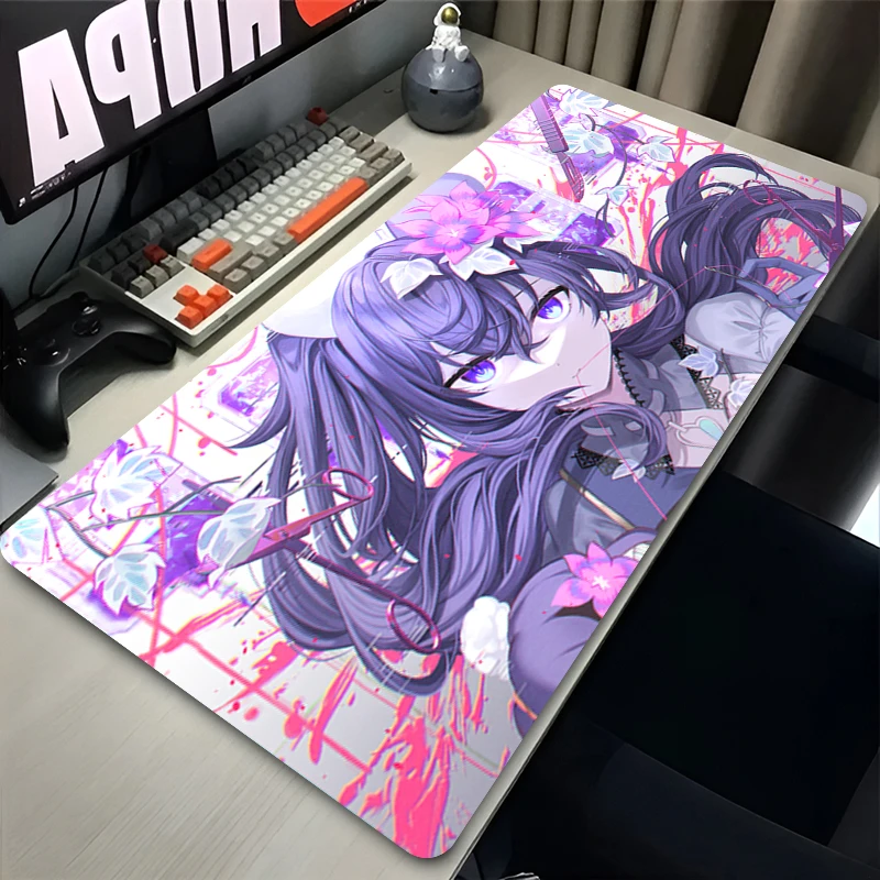Large Dark Musical Anime Girl Gaming Mouse Pad Non-slip Rubber Stitched Edge Desk Mat For PC Laptop Office Carpet