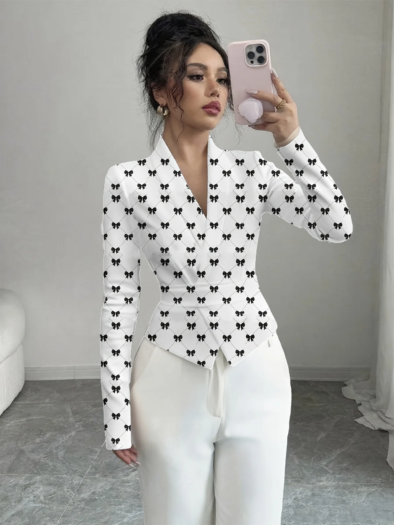 

Women's Fashion Casual Bow Print Random Print Long Sleeve V-Neck Slim Fit Shirt