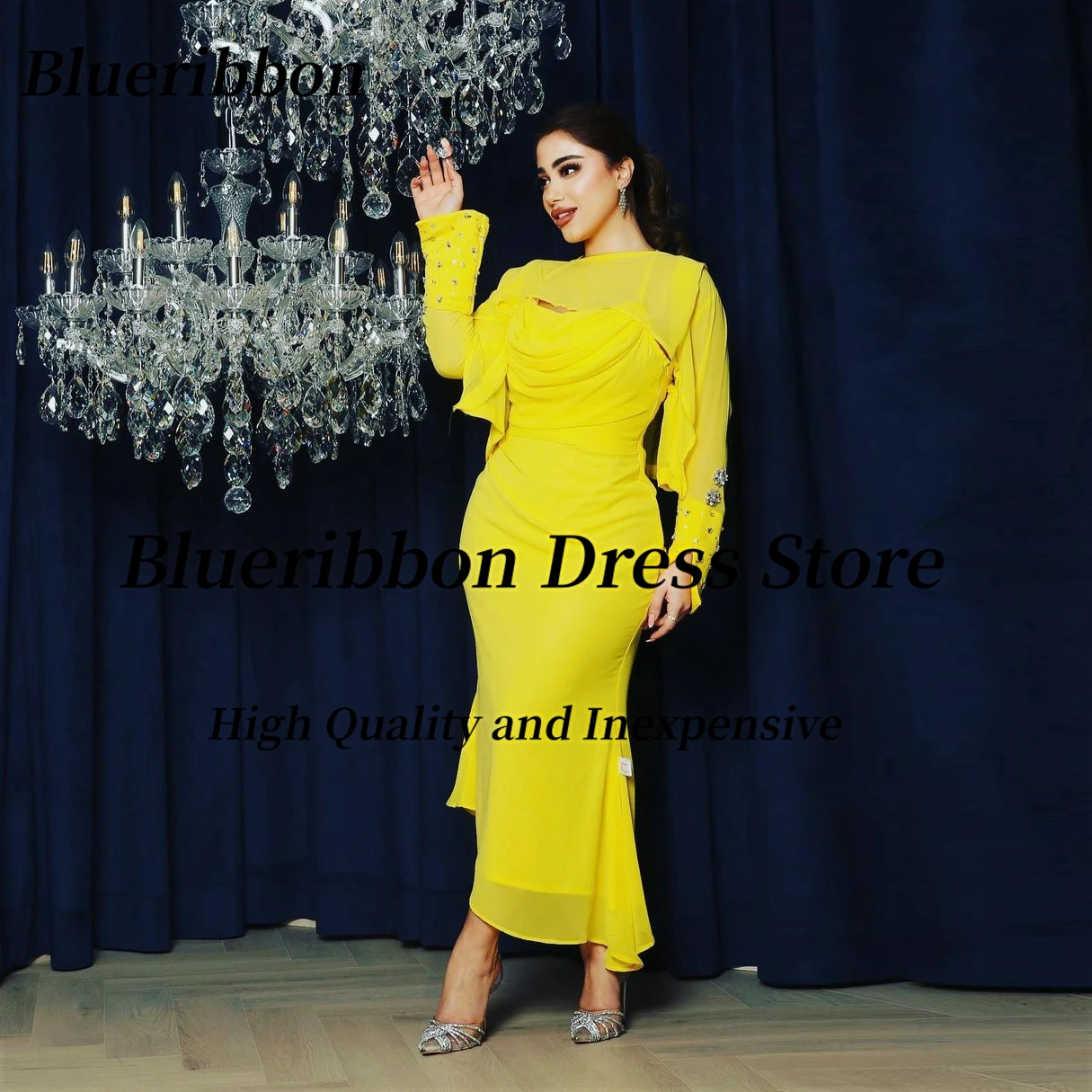 

Blueribbon Spaghetti Straps Prom Dresses with Long Sleeves Wraps Brthday Party Dress Saudi Arabia Women Wear Evening Gowns