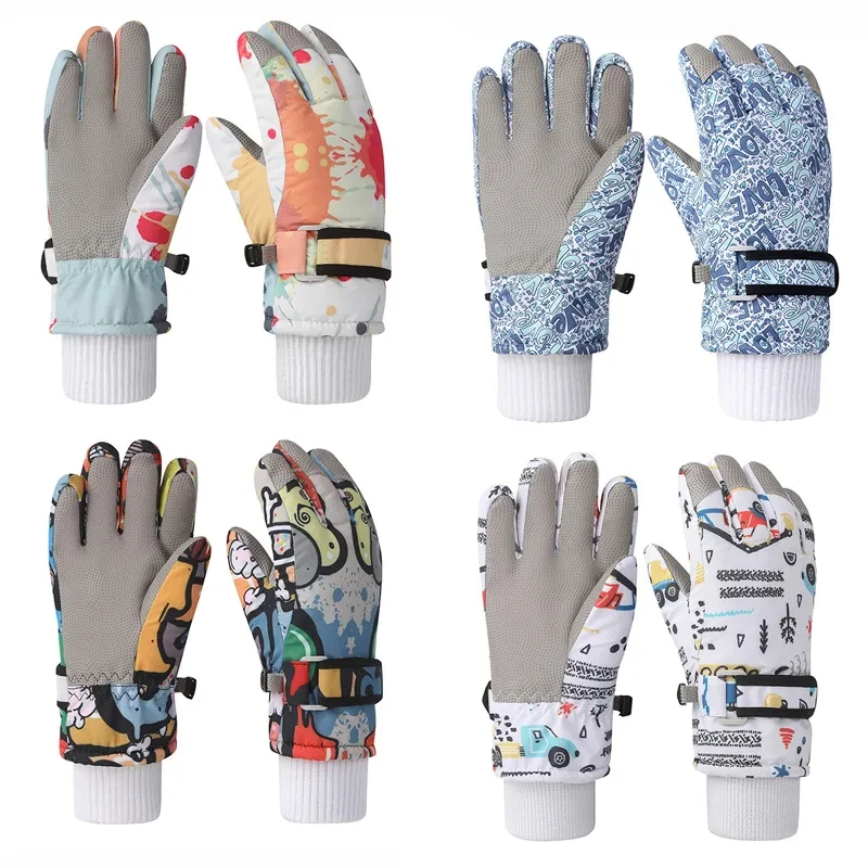 Winter Children Gloves for Boy Girl Cute Printed Five-Finger Ski Gloves Waterproof No-Slip Thickened Snow Kids Accessories 4-12Y