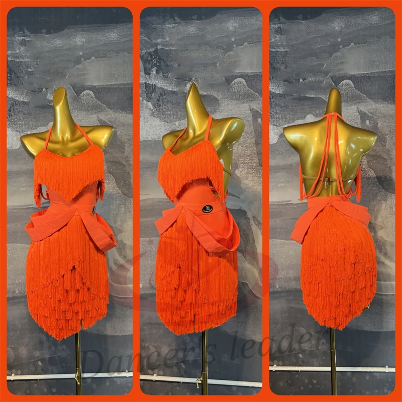 

Latin Dance AB Stone Female Adult Children High end Customized Orange Tassel Flower Dress Black Pool Samba Performance Dress