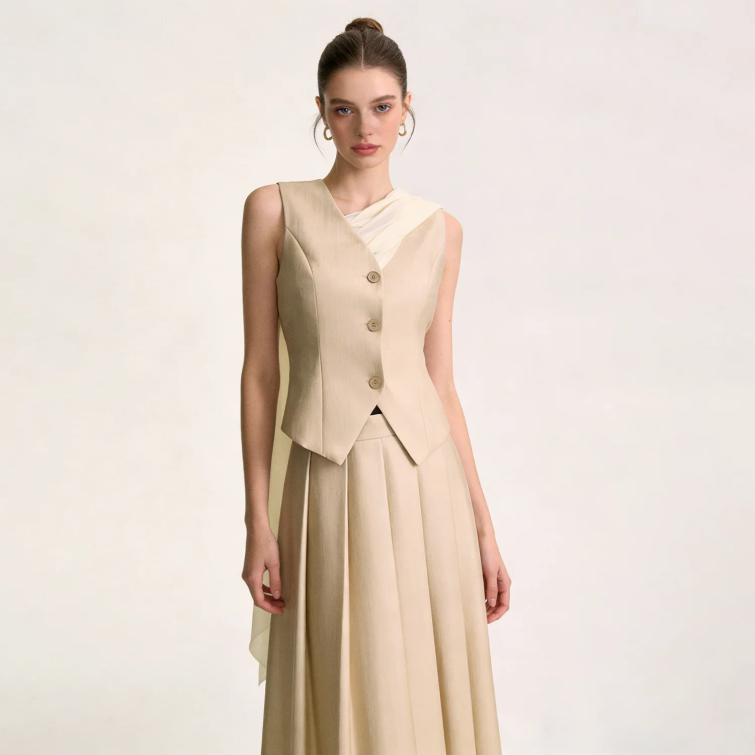 

DNBS Elegant Sleeveless Vest and Skirt Set - Draped Shoulder Detail, High Waist Pleated Maxi Skirt for Women's Formal Wear