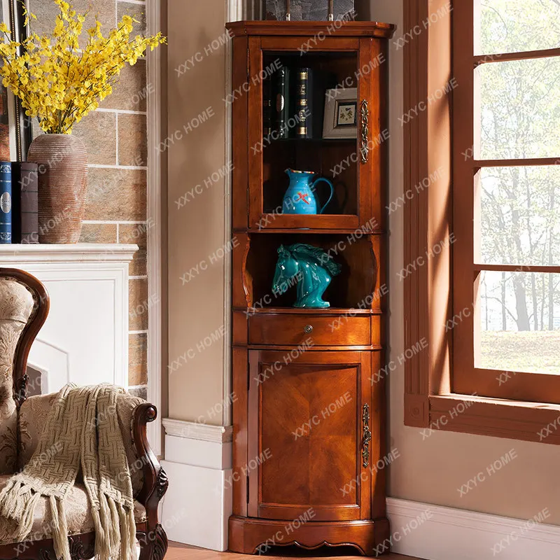 Solid wood retro triangular wine cabinet living room high-grade curved corner cabinet corner display cabinet