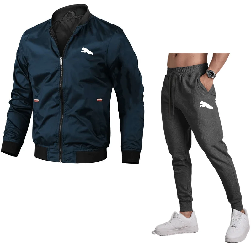 Men\'s casual jacket Spring and Autumn new style solid color comfortable zipper style fashionable windproof jacket+pants