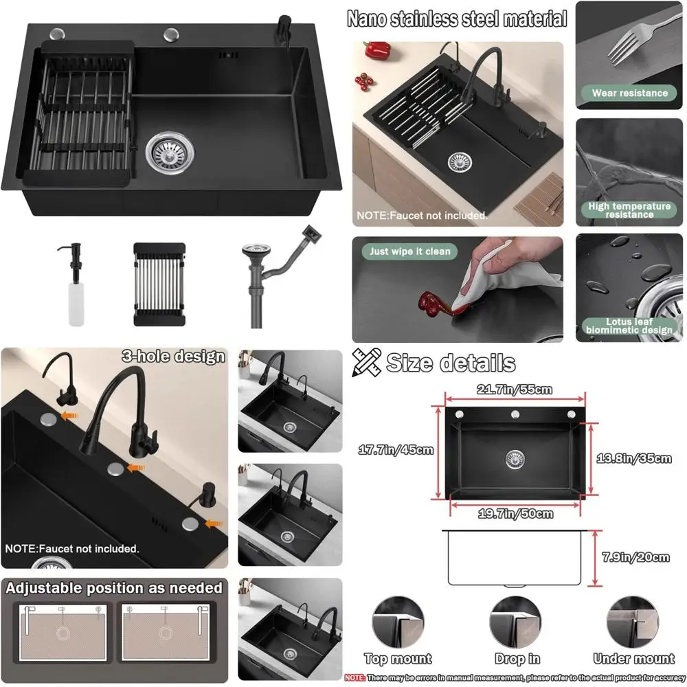 

Topmount Drop In Kitchen Sink with 3 Holes Stainless Steel Single Bowl Sinks Basin With Drain basket & Soap dispenser (Black, 21