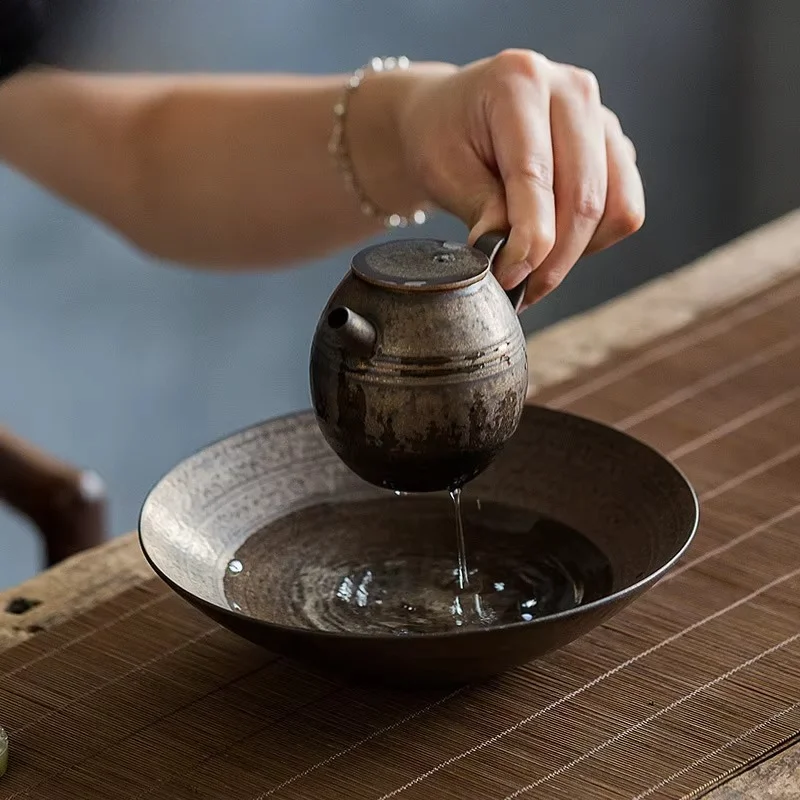 Handmade Golden Ceramic Pot Bearing Stand, Oxide Glaze Tea Tray for Table & Dry Fermentation