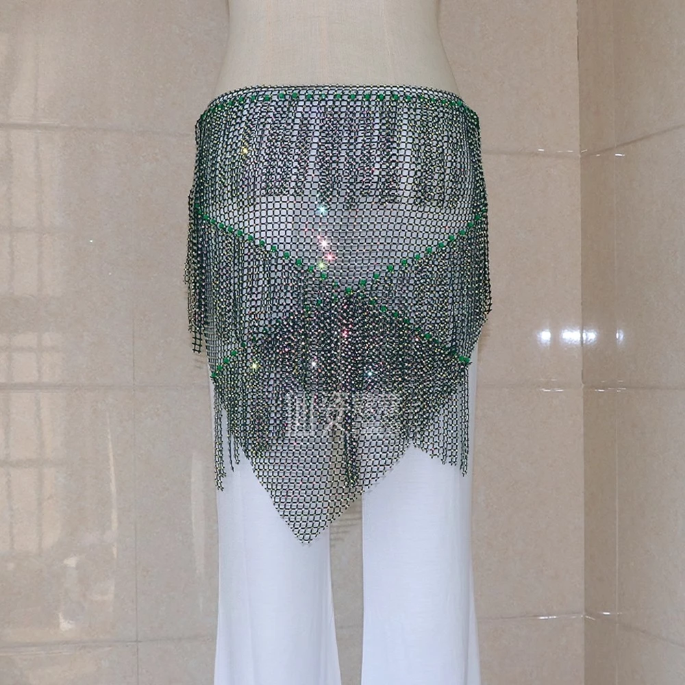 Customized Belly Dance Belt Mesh Diamond Starry Tassel Hip Scarf Bright Diamond Waist Chain Triangle Performance Waist Scarf