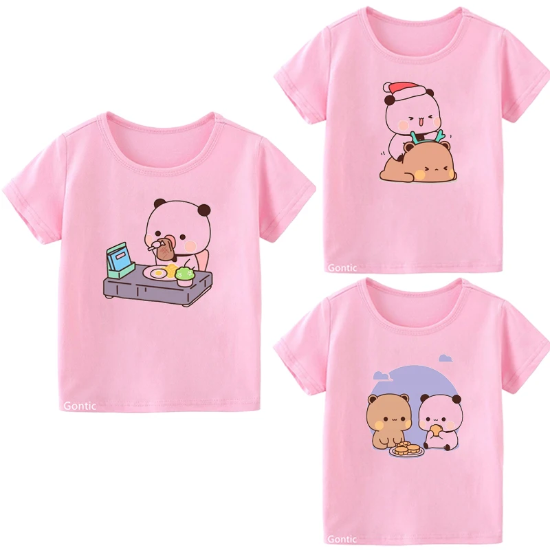 

Merry Xmas Peach And Goma Mochi Cat Panda And Bear Couple Print Lovely Children's T-shirt Girl Clothes Pink Tops Christmas Gift