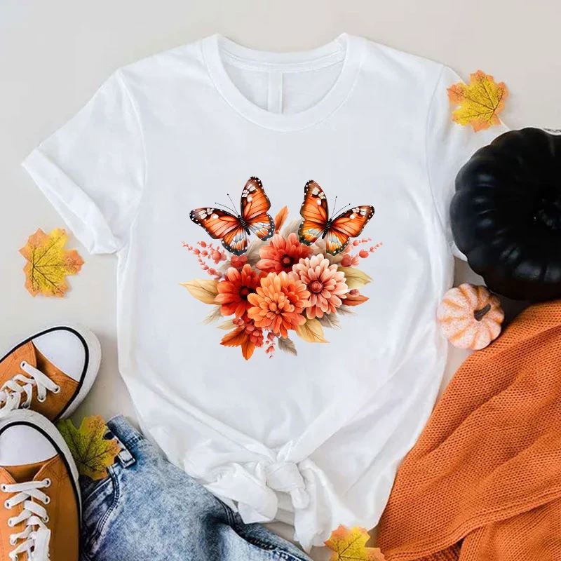 Fall Flowers Butterfly Print Tshirt Summer Fashion Casual Short Sleeve Round Neck Tops Women/Mens T-Shirts(Premium T-shirt)