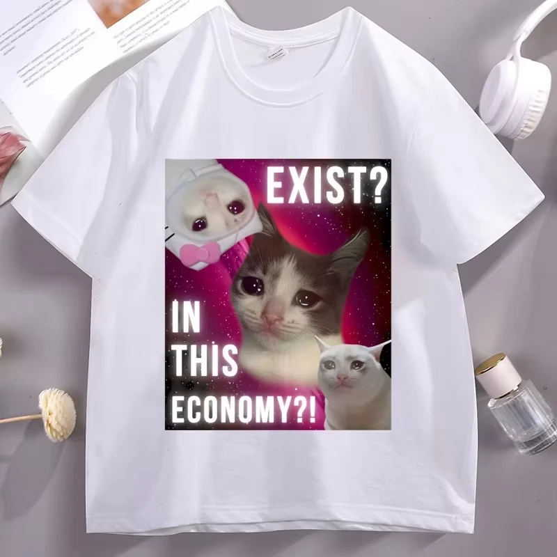 Cat Meme T Shirt Sad Cat Crying T-shirt Humor Cotton Short Sleeve Round Neck Tshirt Streetwear Loose Breathable O Neck Tops