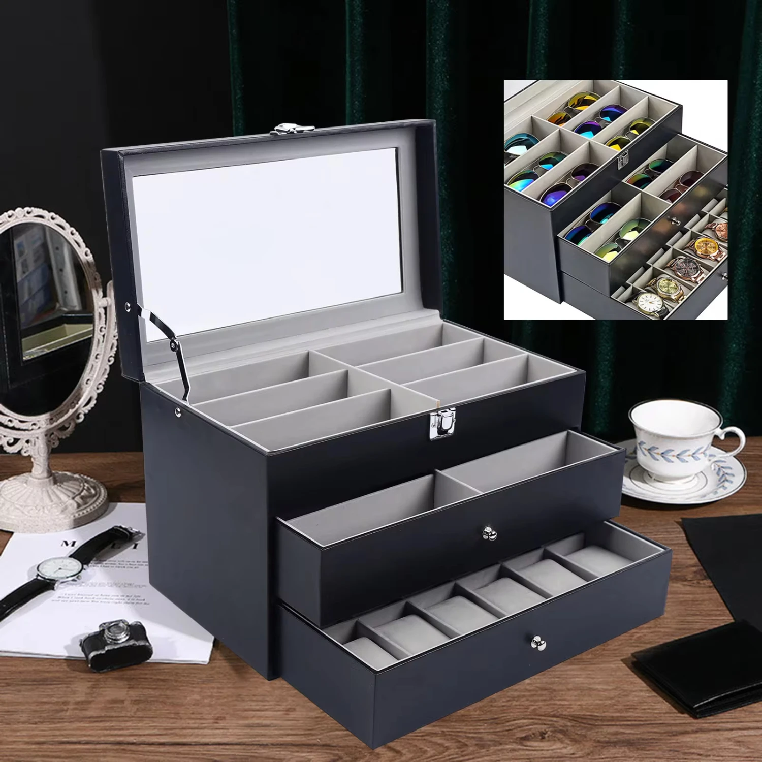 12 Watch + 12 Glasses Leather Case Jewelry Display Drawer Buckle Jewelry Organizer Black  Watches Holder Makeup brush holder