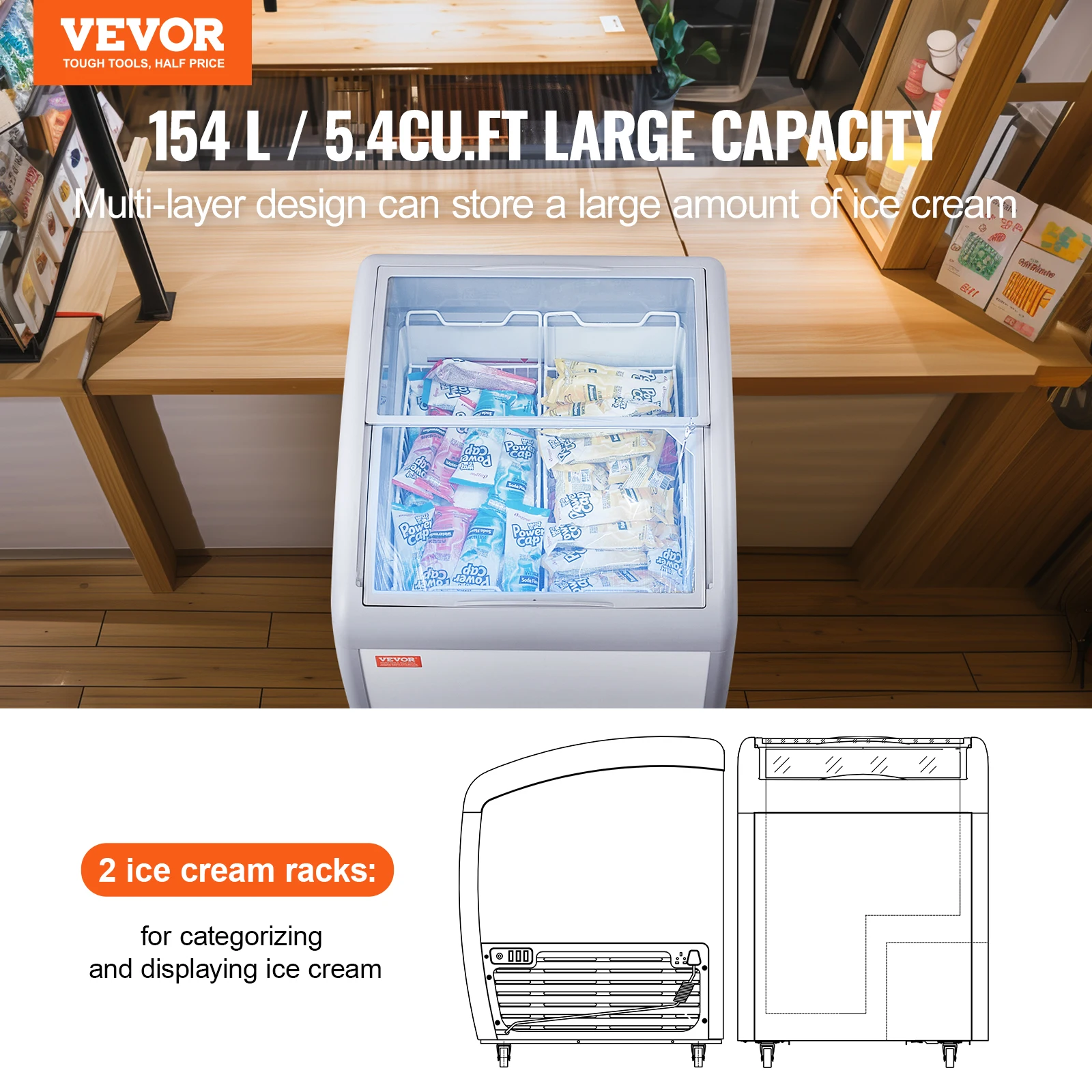 VEVOR Commercial Ice Cream Display Case Chest Freezer Mobile Glass Top Deep Freezer Restaurant Gelato Dipping Cabinet