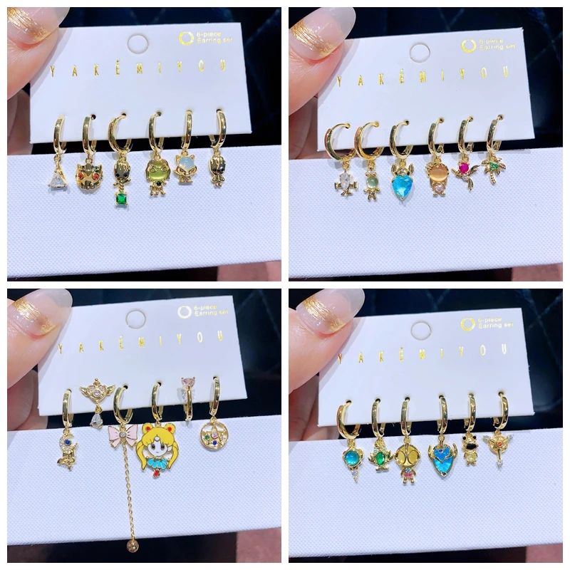 MIGGA 6pcs Cubic Zirconia Cute Cartoon Dangle Earrings Set for Women Gold Color Plated Jewelry