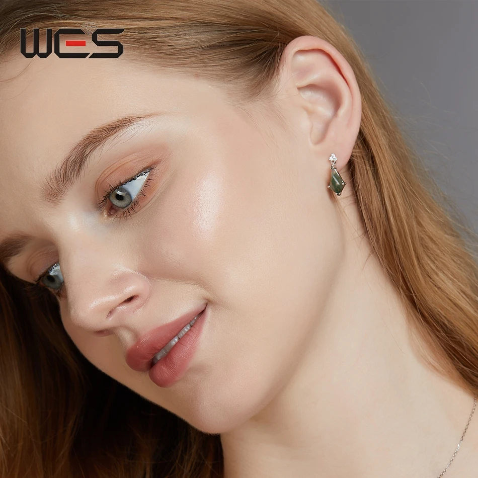 أقراط مرصعة بالفضة الإسترلينية للنساء ، كريستال فريد ، عقيق طحلب طبيعي ، مجوهرات فاخرة ، سوار معتمد ، 7x12 عرض حجر #4