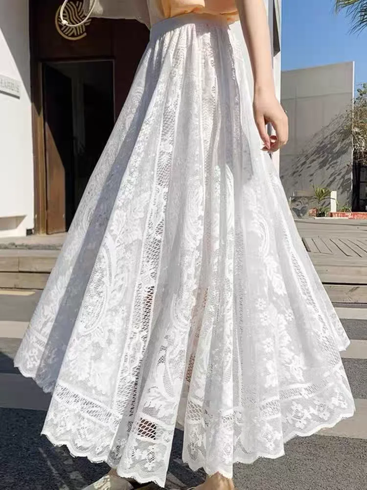 Women‘s Flared Long Skirts Spring Autumn Essential Lace-Lined A-Line Skirt with Hollow-Out Detail, Slimming & Elegant