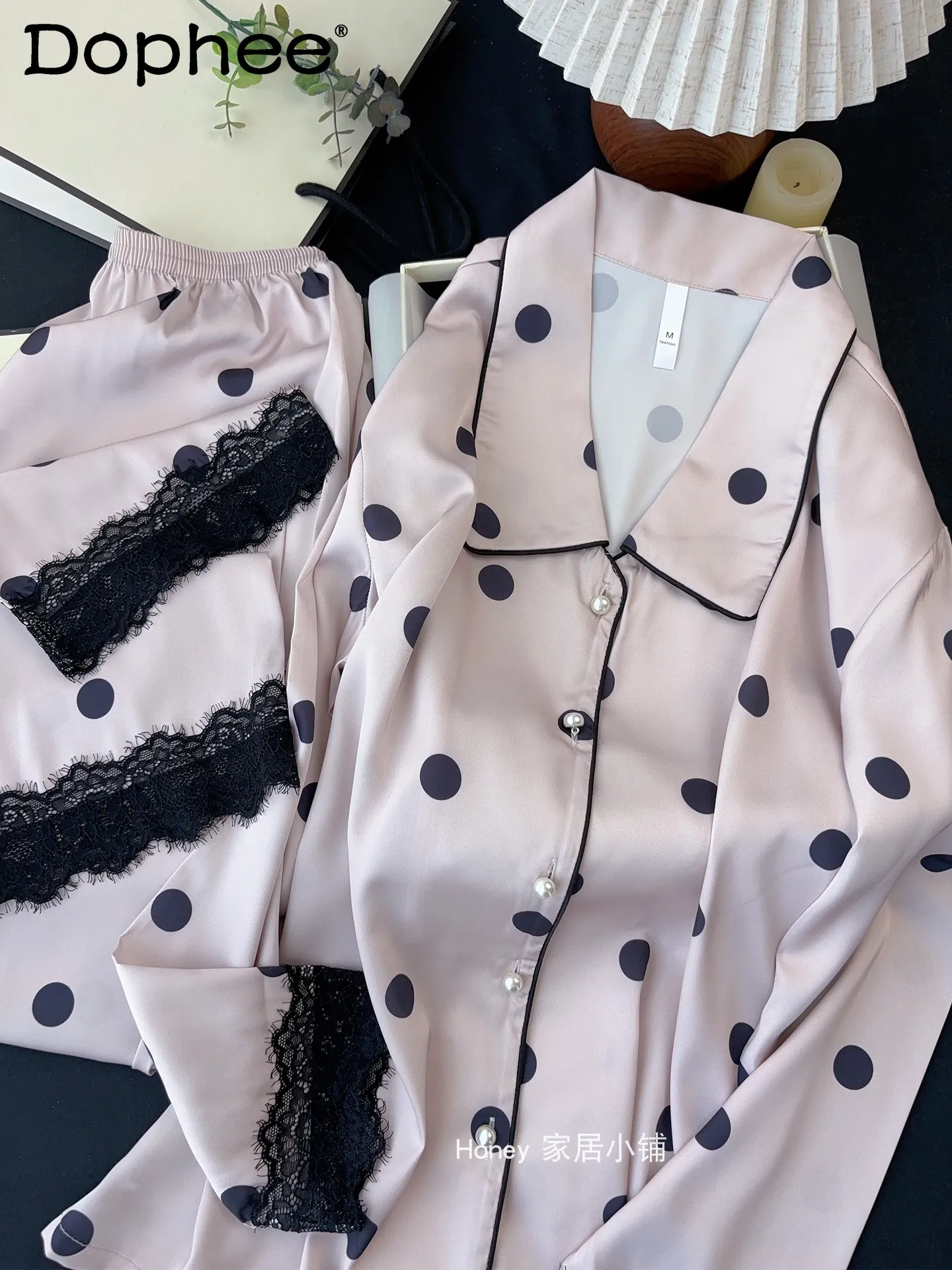 

2025 New Spring Autumn Ice Silk Long-sleeved Trousers Pajamas Women's High-end Lace Polka Dot Casual and Comfortable Loungewear