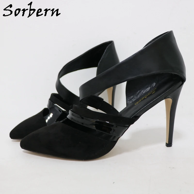 Sorbern sepatu Pump hak tinggi untuk wanita, sepatu selempang hak tinggi dengan tali stiletto ukuran Plus 45 46 47 multiwarna, sepatu Pump ujung lancip warna hitam untuk wanita