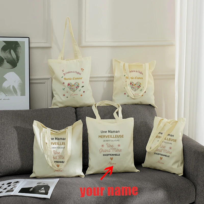 

Personalized with Name Flower Heart Exceptional Patterns Canvas Shopping Bag Tote Bag Grand Mother Mother's Day Christmas Gifts