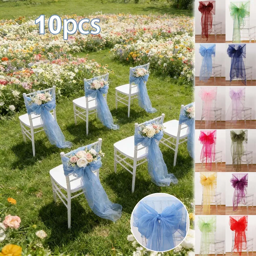 10Pcs Set Wedding Chair Sashes 275x60cm Gauze Chair Back Veil Aisle Chair Bows Ribbon Covers for Wedding Party Event Decoration