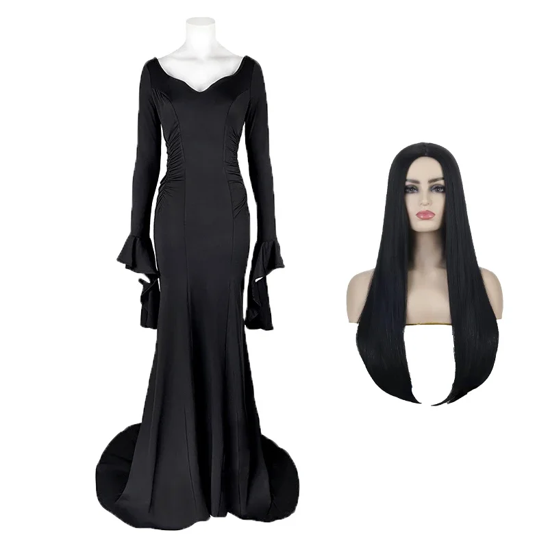 

Morticia Addams Wednesday Cosplay Costume Sexy Dresses Wig Adult Women Punk Gothic Witch Lace Up Slim Gown Halloween Role Play