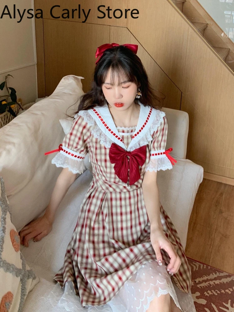 Japanese Kawaii Fairy Dress Women Summer 2022 Lace Plaid Vintage Party Mini Dress Female Bow College Style Princess Casual Dress
