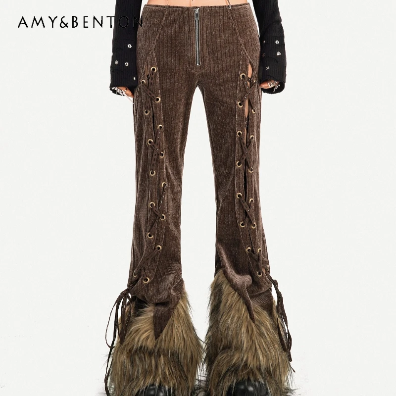 

American Retro Hot Girl Corduroy Women's Bell-bottoms Autumn Winter New High Waist Slimming Furry Decoration Casual Pants Ladies