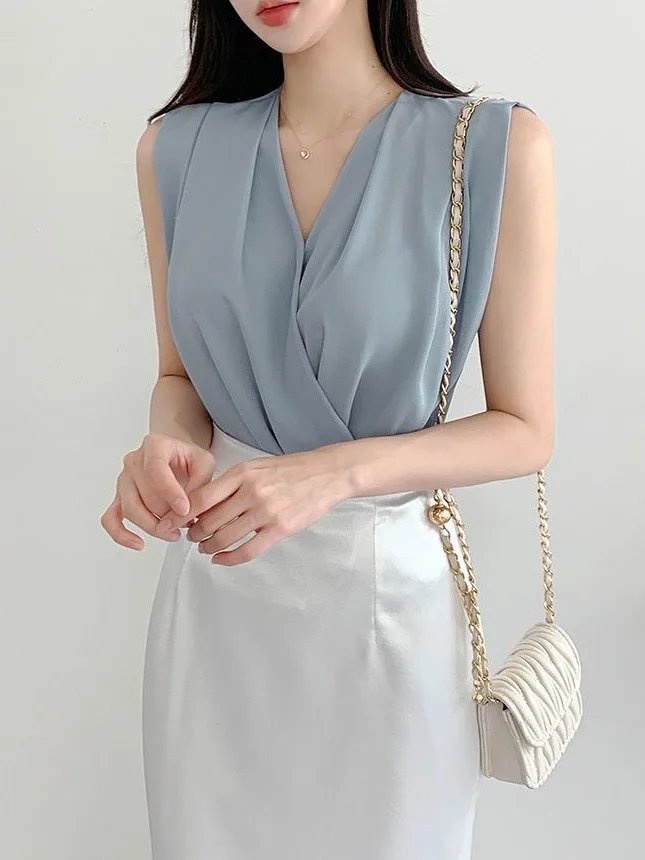 

Chic Summer New V-ne Cross Design Loose Versatile Svel Pure Color irt Women's Top Faionable Casual Sle