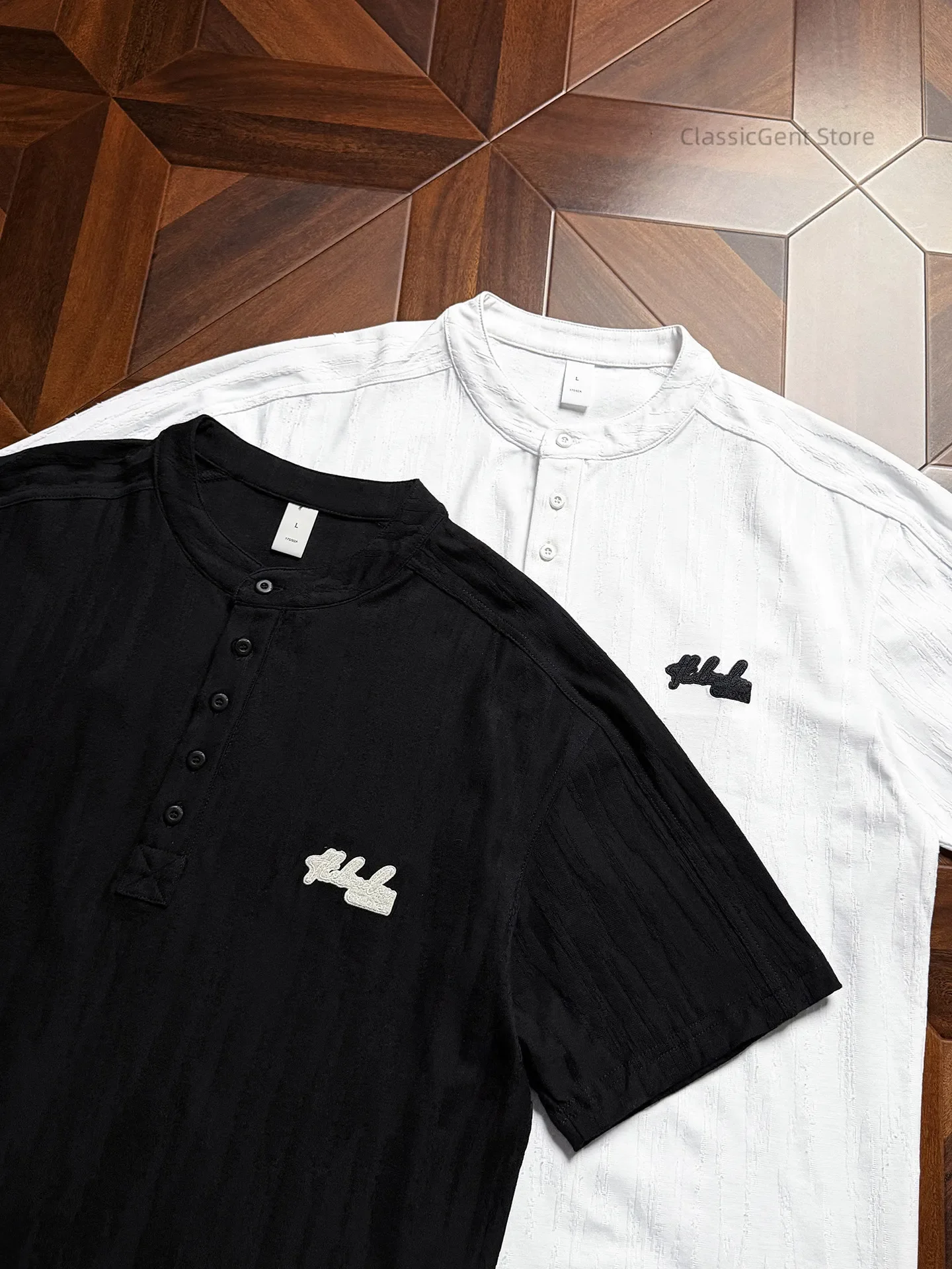 Vintage Henry style, textured bark jacquard cloth, breathable and sweat-absorbing 8.1OZ short-sleeved T-shirt