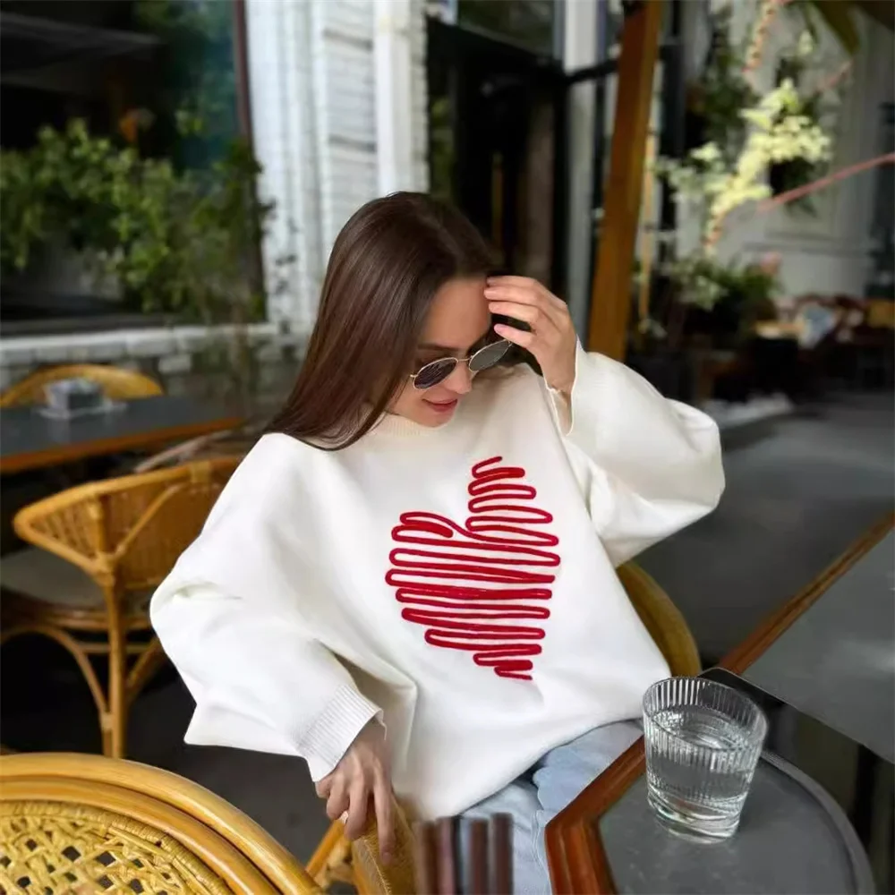 Casual Heart Embroidery Knitted Pullover for Women Autumn Winter White Loose O Neck Long Sleeve Cute Sweater Female Streetwear