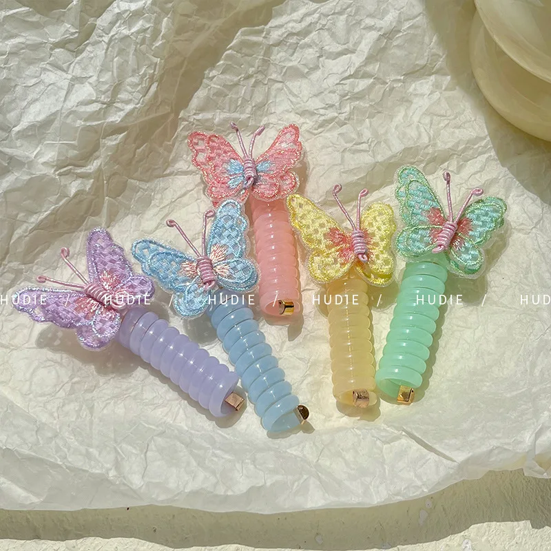 5PCS Butterfly Telephone Wire Line Hair Ties Cute DIY Phone Cord Hair Bundle Elastic Straight Ponytails Kawaii Hair Accessories