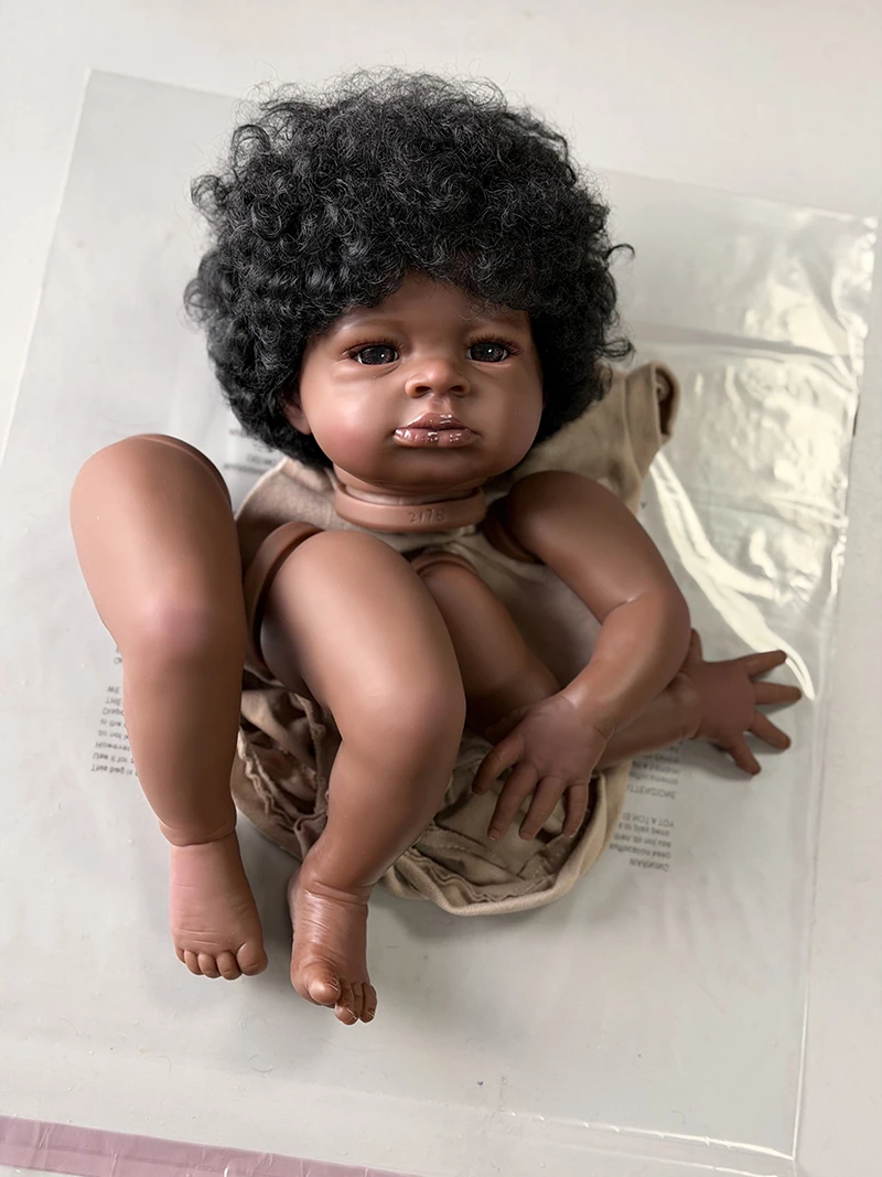 20Inch Unassembly Hnad Draw Dark Skin Reborn Lanny Lifelike Baby DIY Doll Parts with Rooted Hair Cloth Body and Eye Include