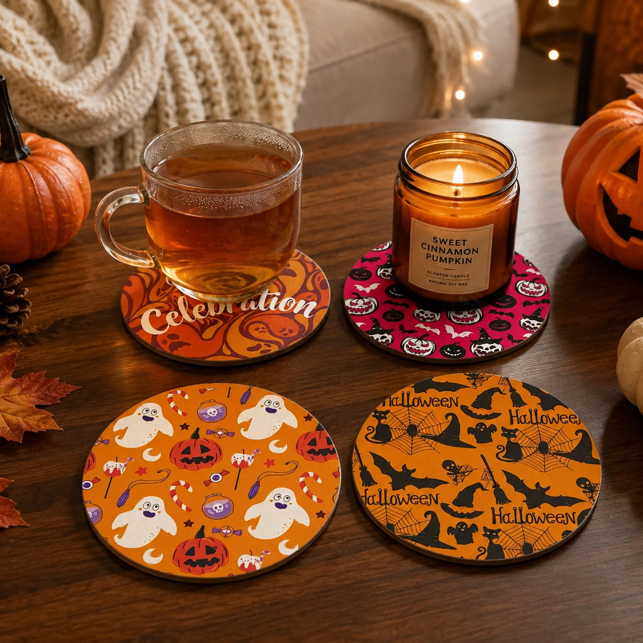 4Pcs Wooden Round Halloween Coasters, Bat Pumpkin Ghost Prints, Non-slip Coffee Teapot Mats, Fall Autumn Table Ornaments Gift