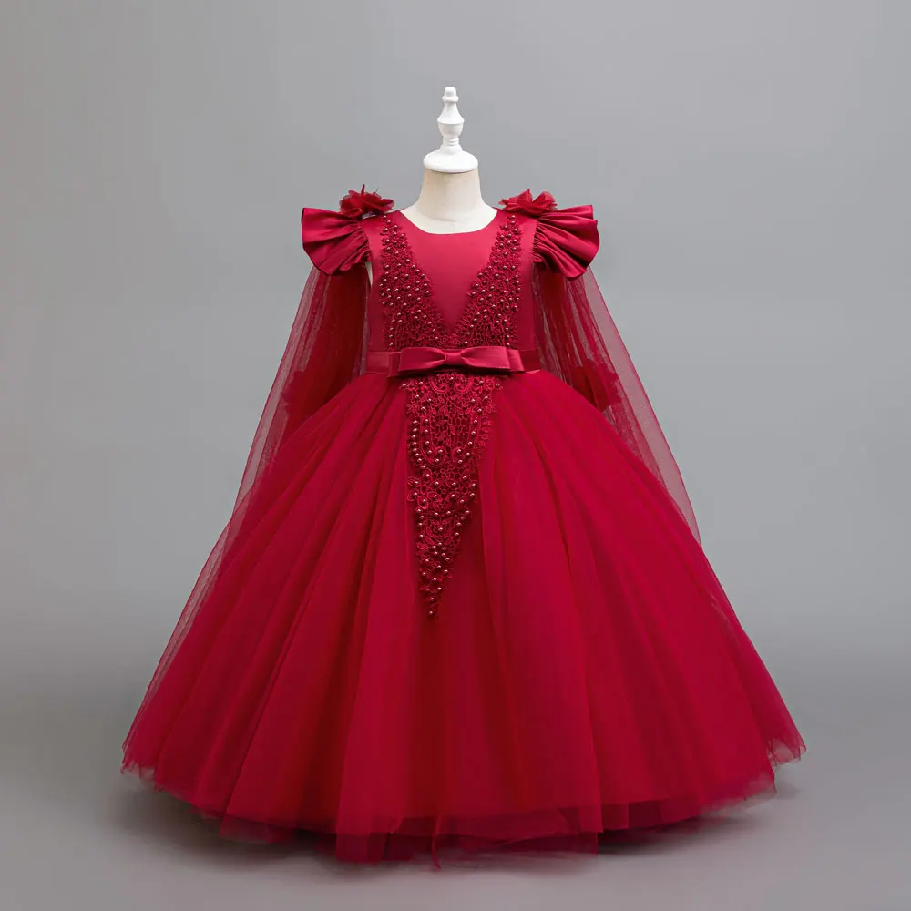 Modische Perlen-Blumenmädchenkleider für Hochzeiten Ärmelloses Prinzessinnenkleid aus Mesh Sommer Mädchen Partykleid 3-9 Jahre