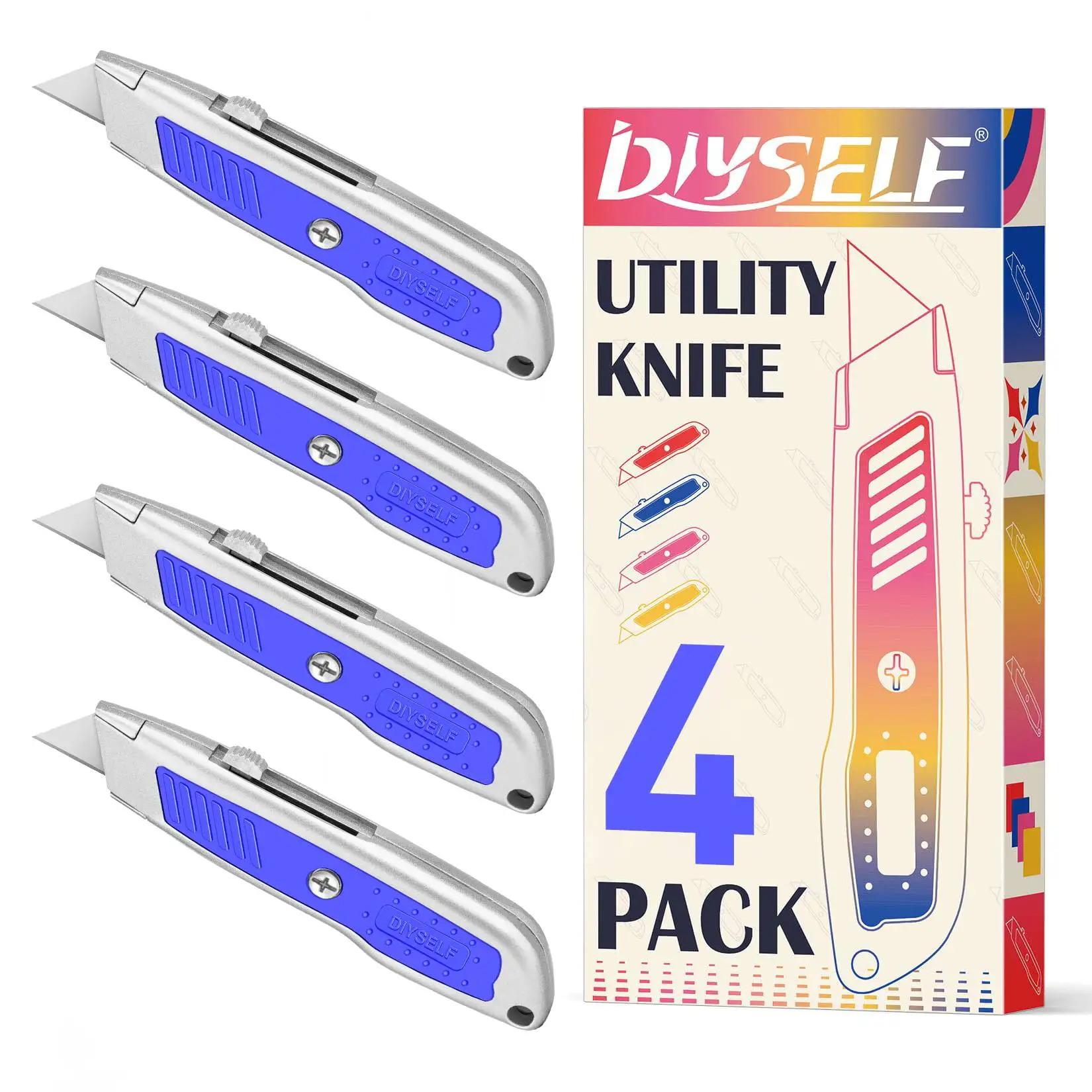 

4 Pack Box Cutter, Aluminum Utility Knife, Box Cutter Retractable, Sturdy Razor Knife for Cardboard, Boxes, Packages, Papers