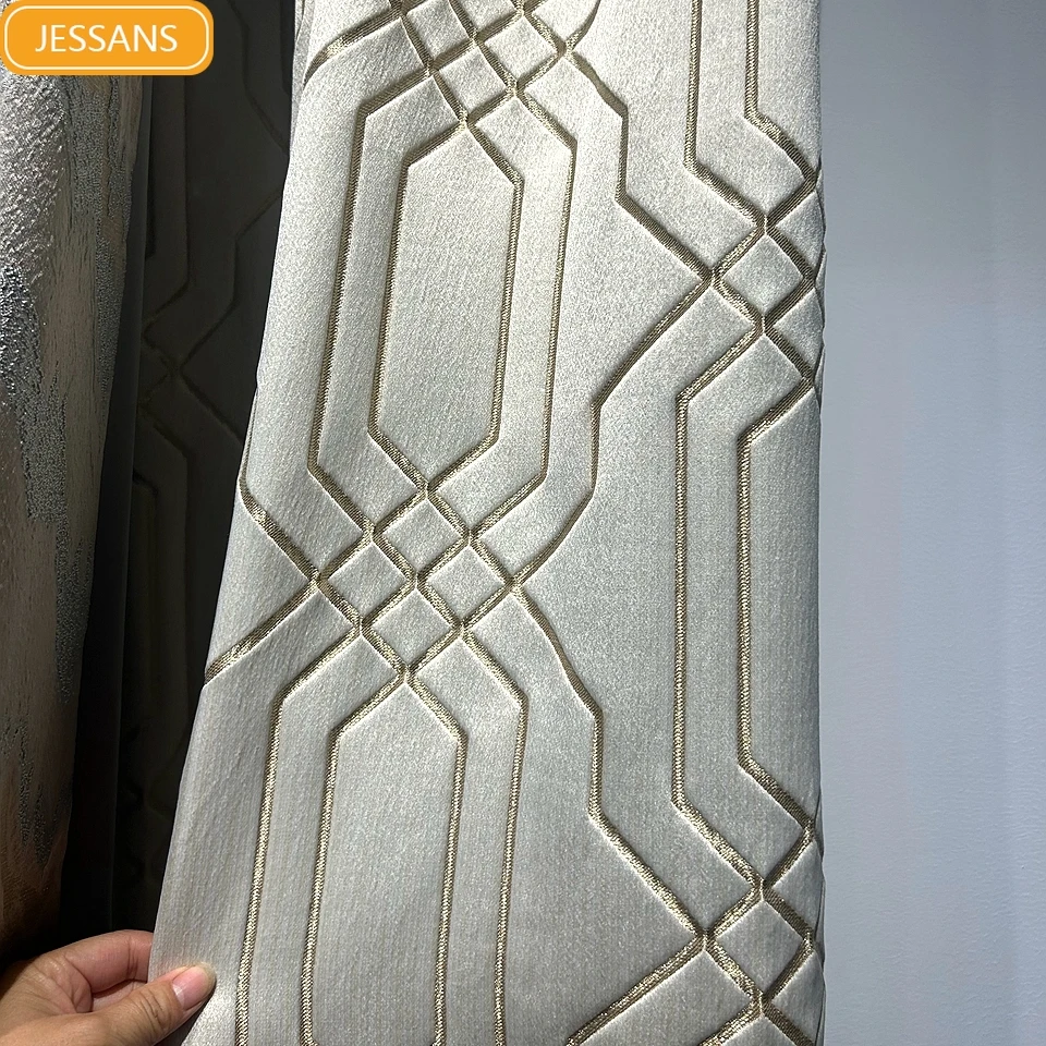

Custom Embossed Jacquard Beige Champagne Landscape Lines Thickened Curtains for Living Room Bedroom French Window Balcony