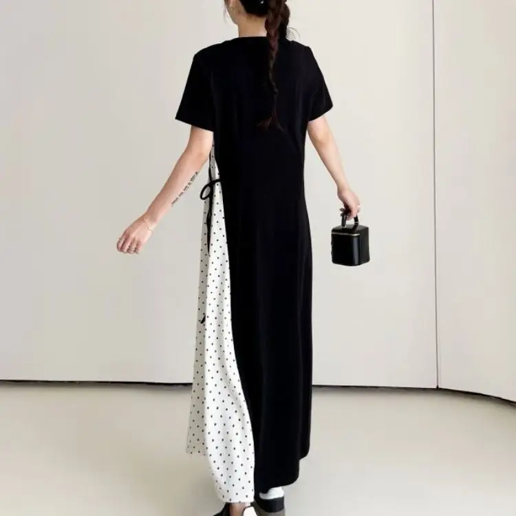 Couleur Blo ort Sve longue Dr grande taille femmes coupe ample minceur à pois t-shirt robe taille haute jupe trapèze