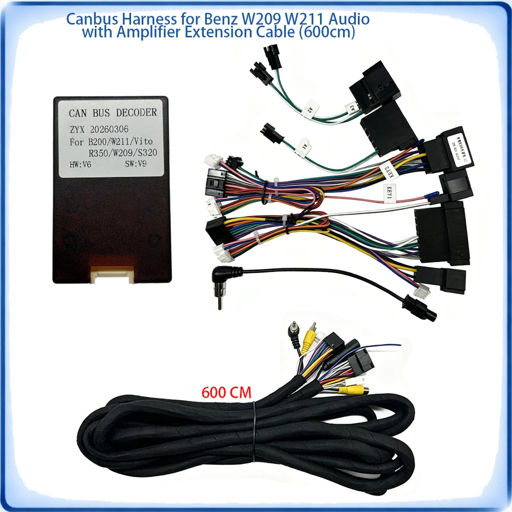 

for Mercedes Benz S-Class Amplifier Extension Cable 600cm + CANBUS Harness14Pin/ISO to 16Pin for Benz W209 W211 Audio Kit
