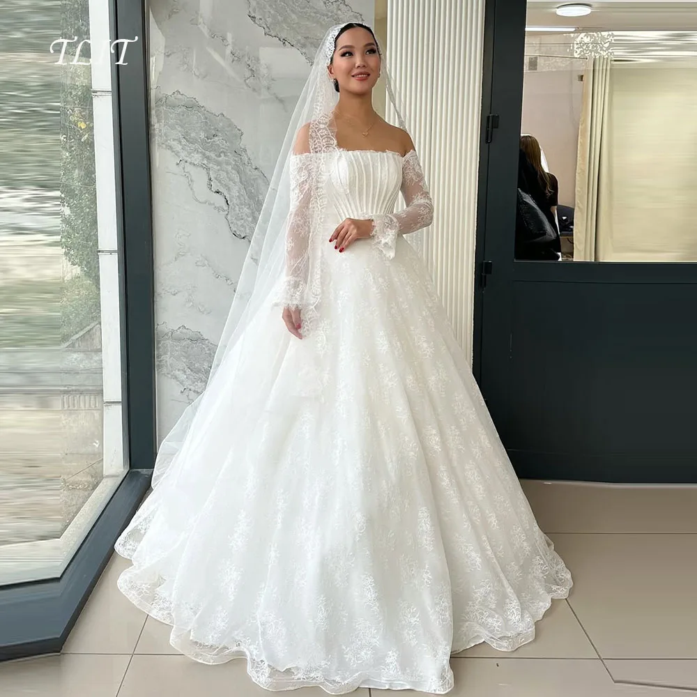 TLIT 고급스러운 레이스 A라인 웨딩드레스 맞춤형 스트랩리스 오프숄더 레이스 커프 신부 드레스