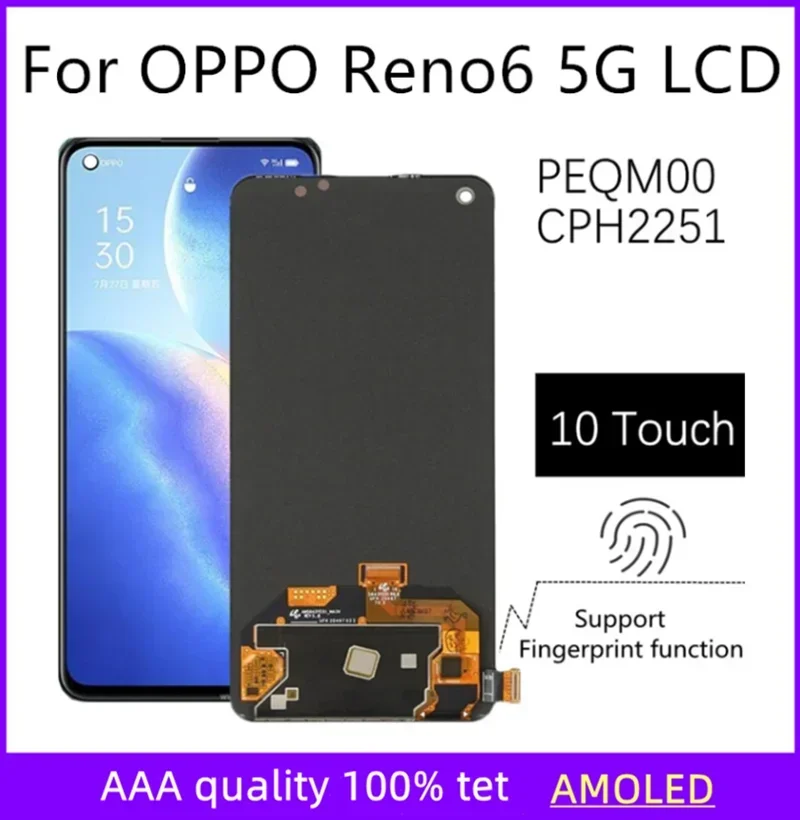 

For OPPO Reno6 5G LCD Display Touch Screen Assembly Replacement, PEQM00, CPH2251, Accessory for OPPO Reno 6