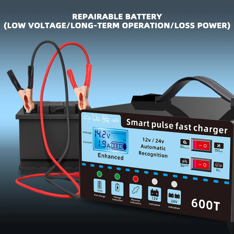 

12V24V600A Intelligent Pulse Maintenance Voltage and Temperature Detection Car Battery Charger Digital LCD Display Automatic