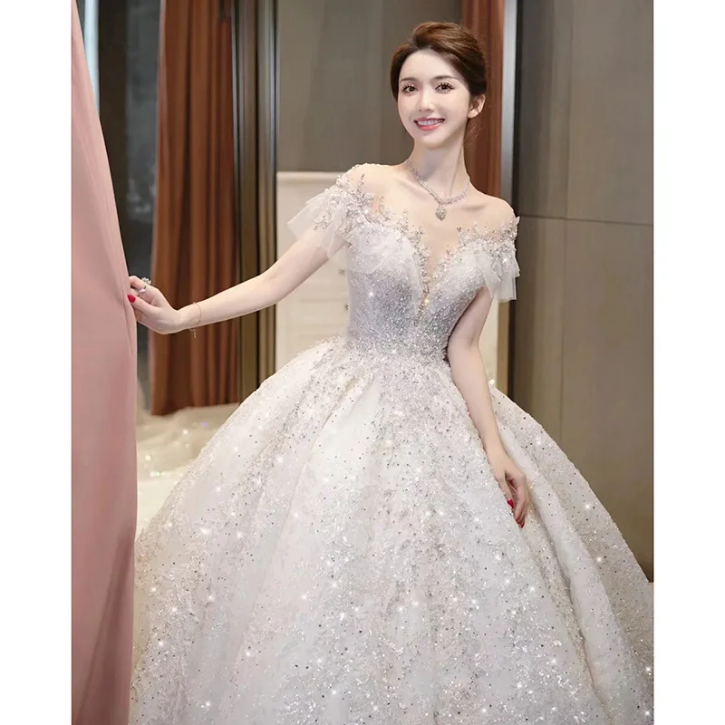 

Wedding Dresses New Luxury Off The Shoulder V- Neck Sequined Appliques Vintage Exquisite Princess Ball Gowns Vestido De Novia