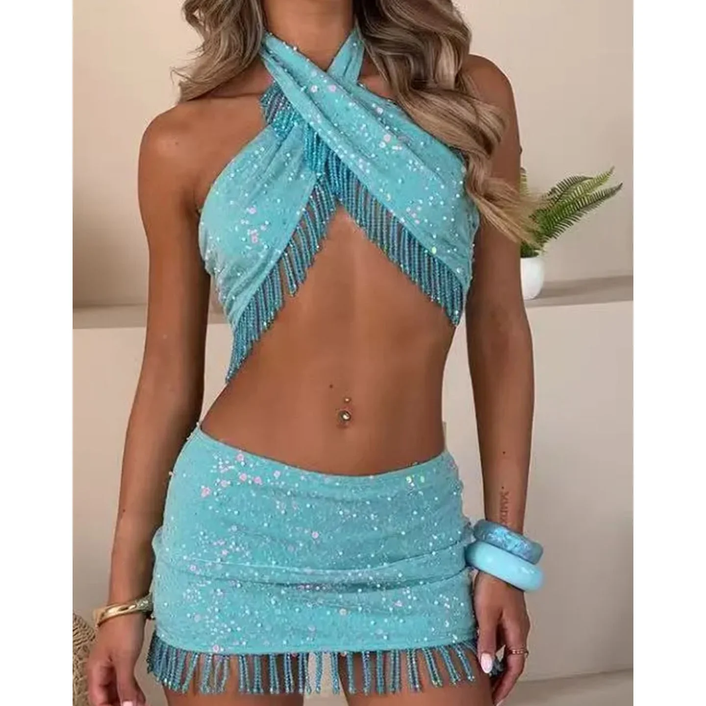 Sexy Sequin Fringe  Skirt And Top Set New Arrival Autumn Season Hanging Ne Decoration Strer Faionable Women's Outfit